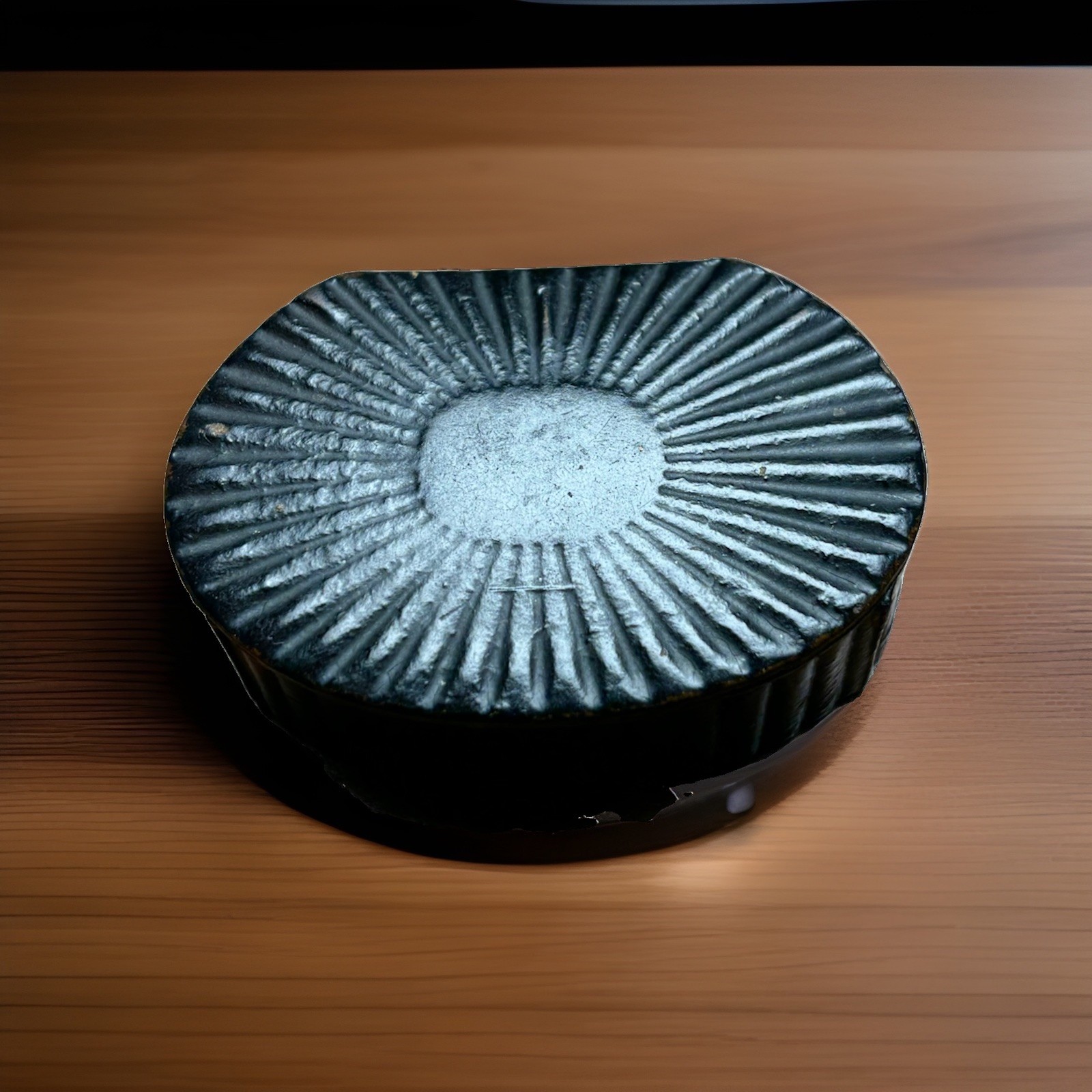Antique Early Victorian Black Paper Mache Snuff Box Oval Hinged Sunburst Pattern Antique Early Victorian Black Paper Mache Snuff Box Oval Hinged Sunburst Pattern