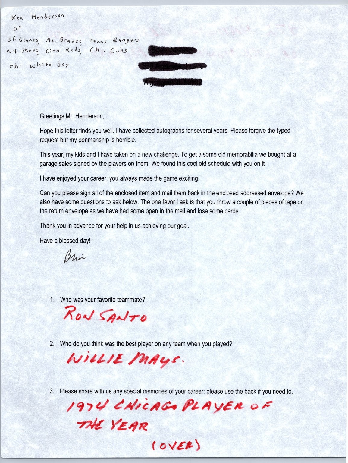 Ken Henderson Autographed Letter Ron Santo Willie Mays Mentions Baseball