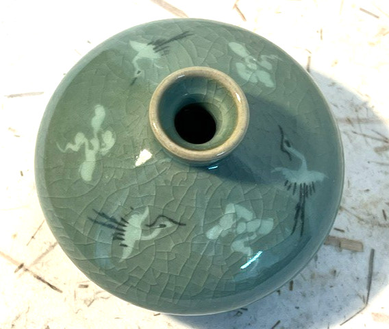 Vintage Celadon small vase, porcelain, crackle glaze, cranes, 3 1/2 Vintage Celadon small vase, porcelain, crackle glaze, cranes, 3 1/2
