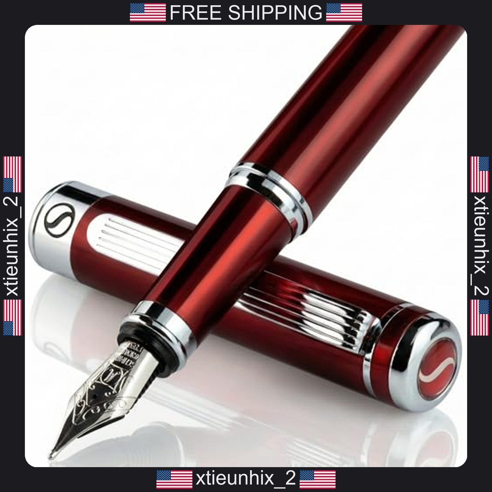 Scriveiner Red Lacquer Fountain Pen with Chrome Finish, Schmidt Nib, Gift Set