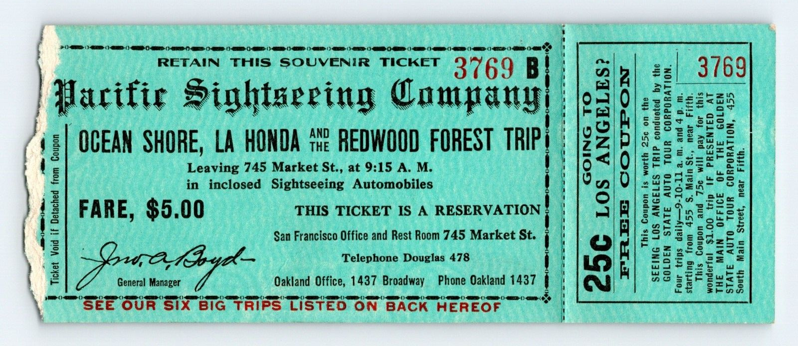 1920s Ticket Pacific Sightseeing Company San Francisco Redwood Forest  K13