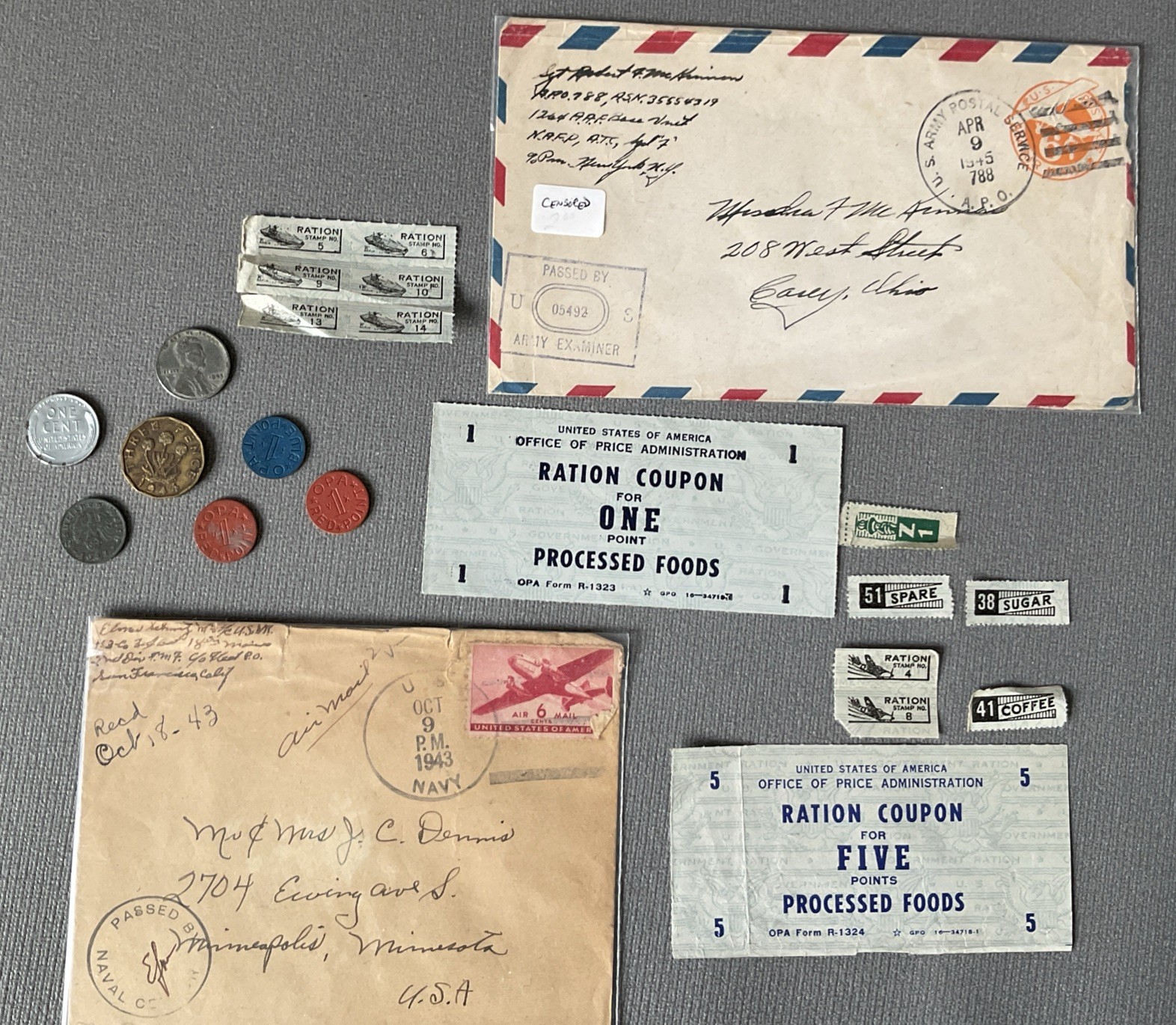 Vintage WW2 War Ration Stamps, OPA Tokens, Coins & Censored Mail Lot A Vintage WW2 War Ration Stamps, OPA Tokens, Coins & Censored Mail Lot A