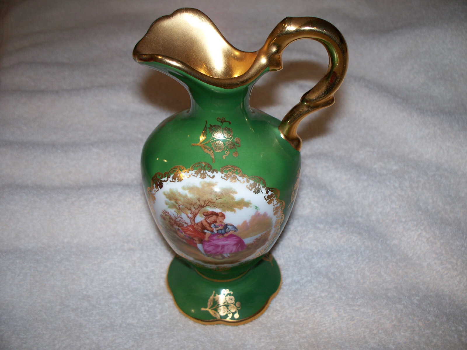 Vintage Limoges France Small Jug, Courting Couple Green/Gold Vintage Limoges France Small Jug, Courting Couple Green/Gold