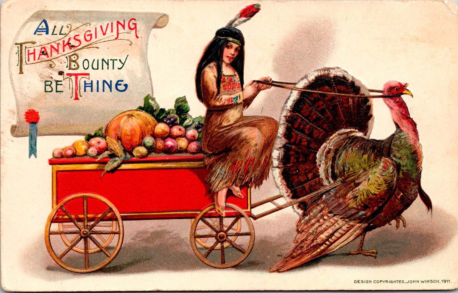  Vintage 1911 Schmucker Indian Winsch Woman, Turkey & Cart Thanksgiving Postcard