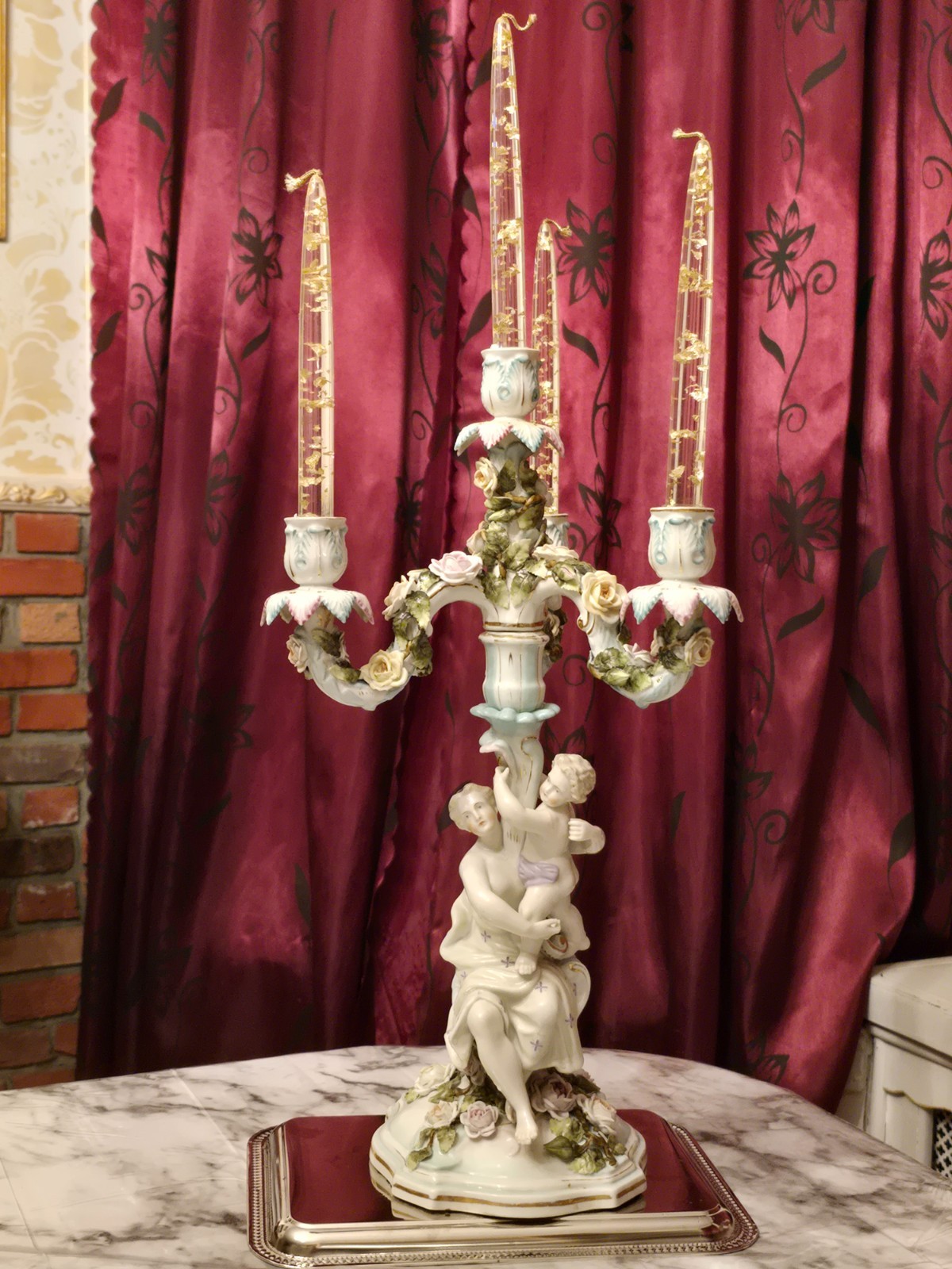 Antique German Sitzendorf Porcelain Mother & Child Figural Candelabra Antique German Sitzendorf Porcelain Mother & Child Figural Candelabra