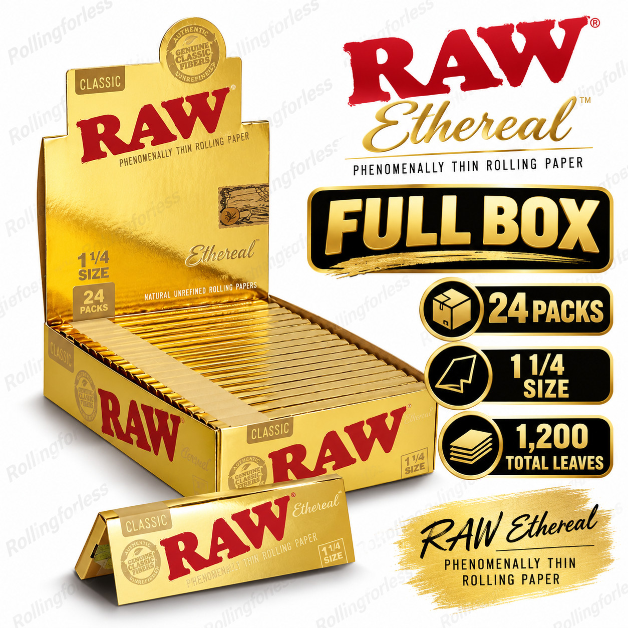 RAW Ethereal 1 1/4 Rolling Papers Full Box 24 Packs 1200 Leaves
