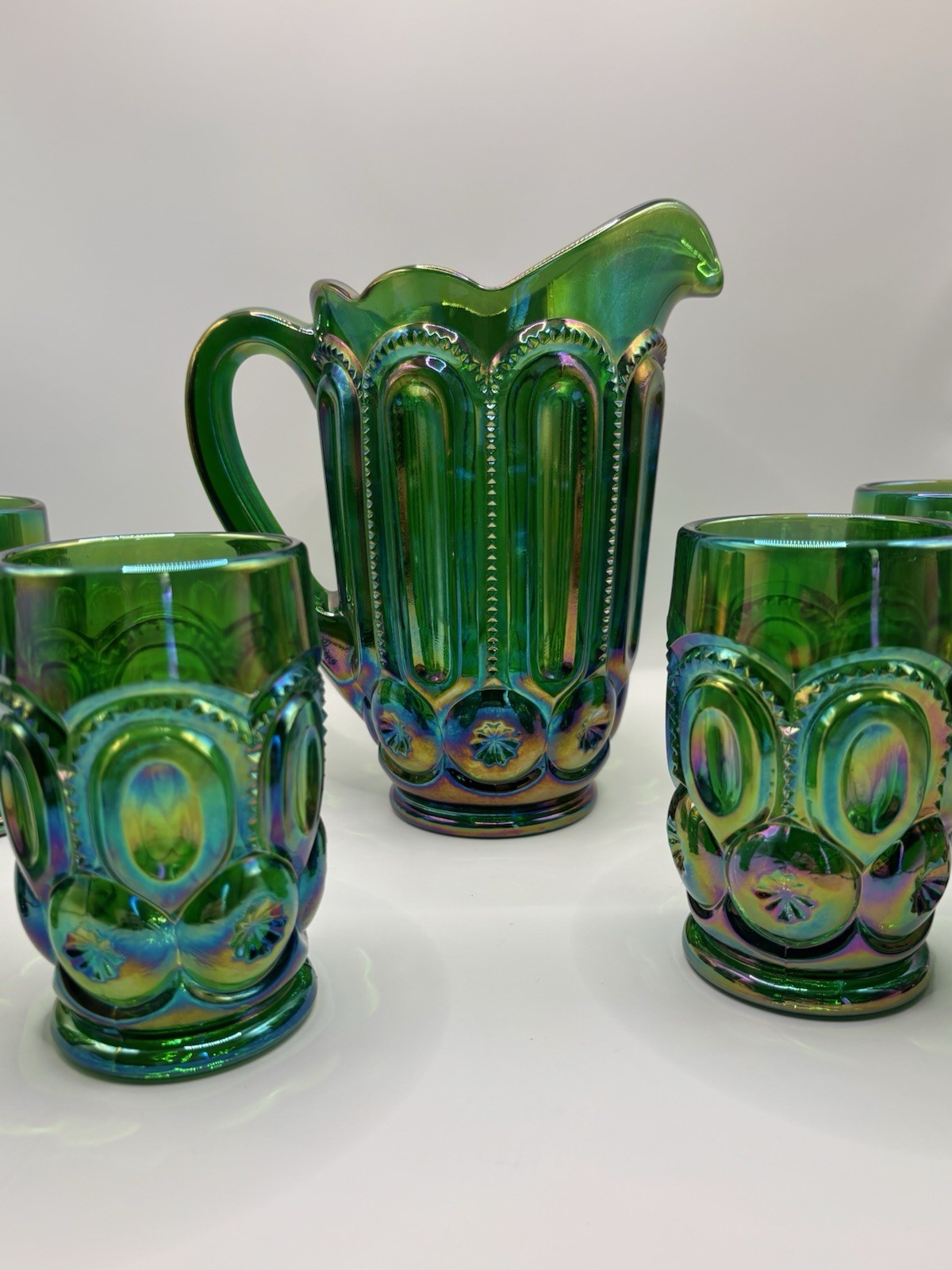 Rare Full Size Weishar Moon and Star Emerald Green Carnival Glass Water Set NIB
