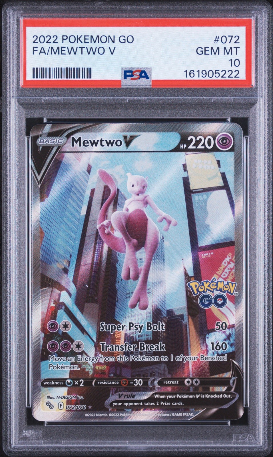 Pokémon GO 2022 Mewtwo V 072/078 PSA 10 Full Art Holo Ultra Rare English