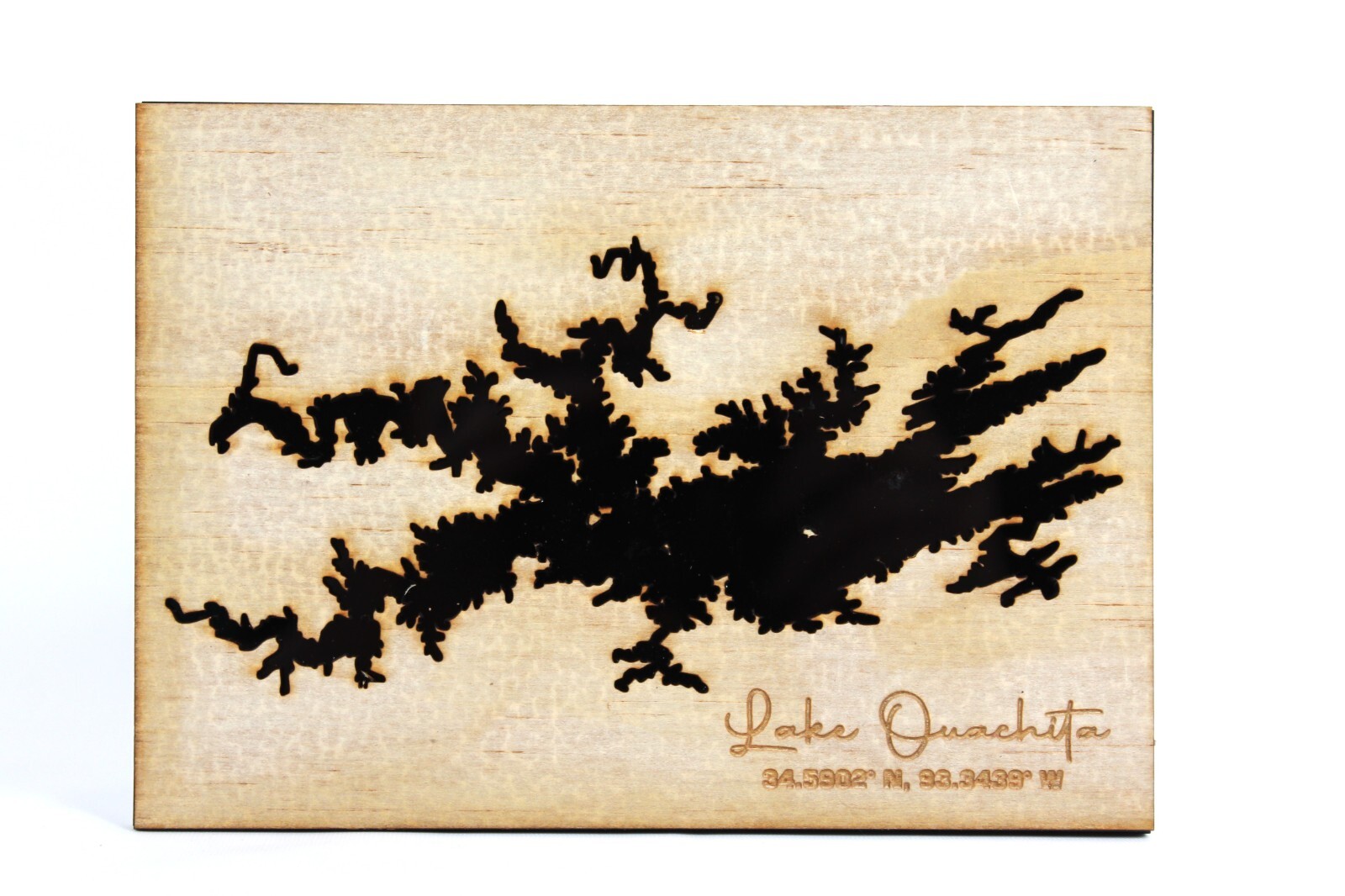 Lake Ouachita, Arkansas laserCut Wood Map With Black Acrylic Backing-Hot Springs Lake Ouachita, Arkansas laserCut Wood Map With Black Acrylic Backing-Hot Springs