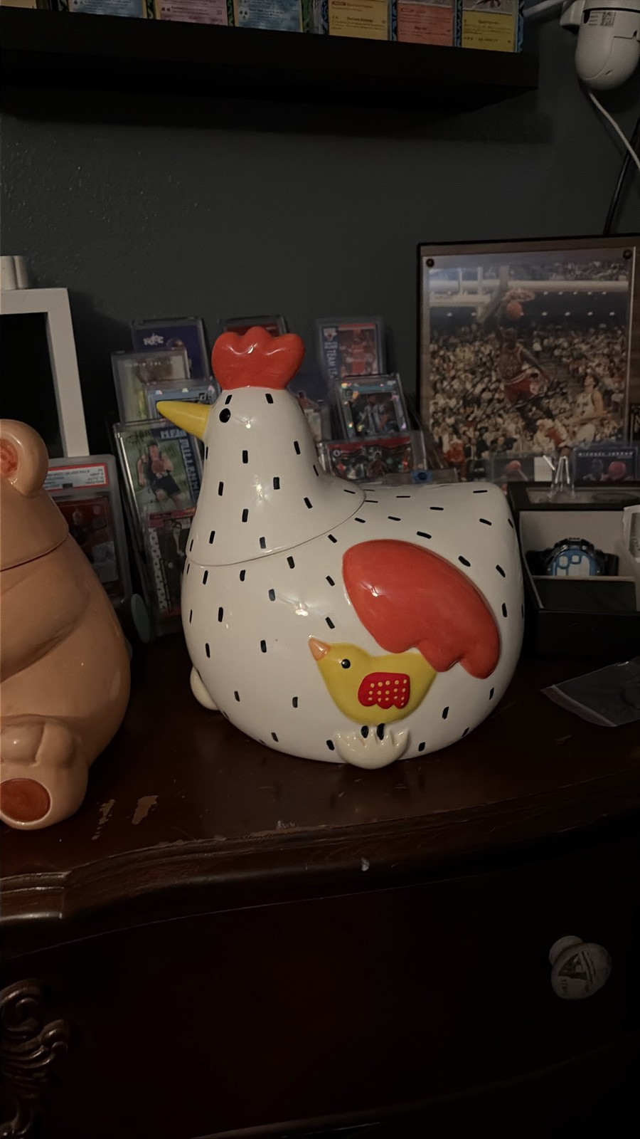Certified International spotted hen & chick cookie jar By Pat Meyers. Mint Cond