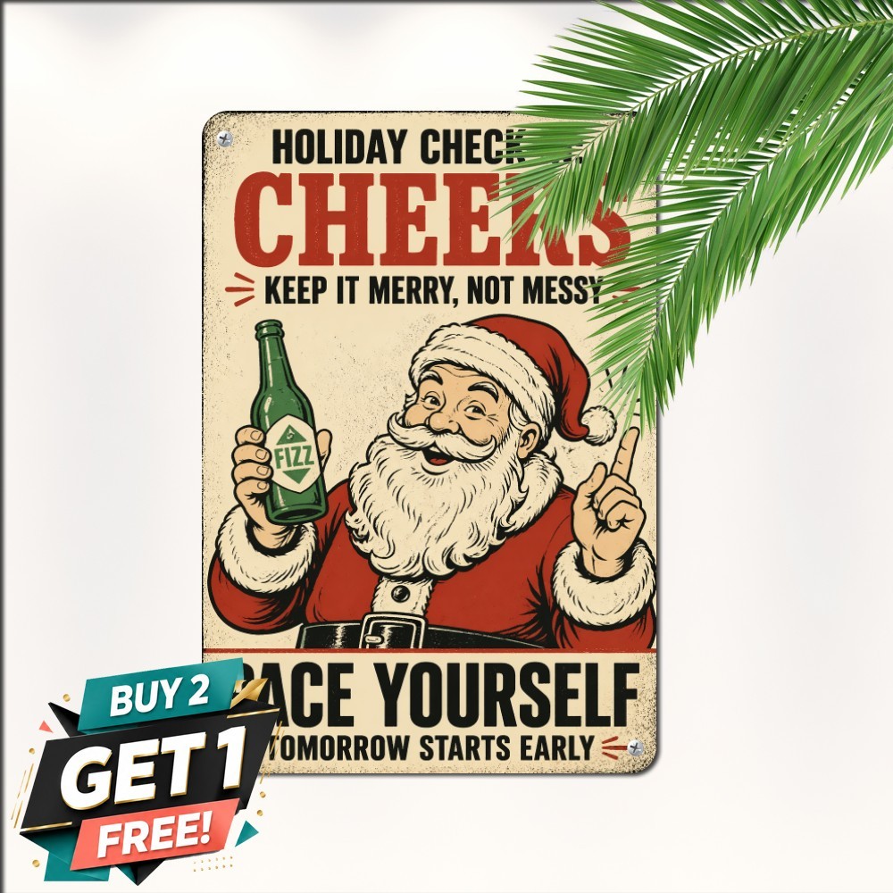 Funny Santa Claus Drinking Poster Distressed Christmas Tin Metal Wall Sign