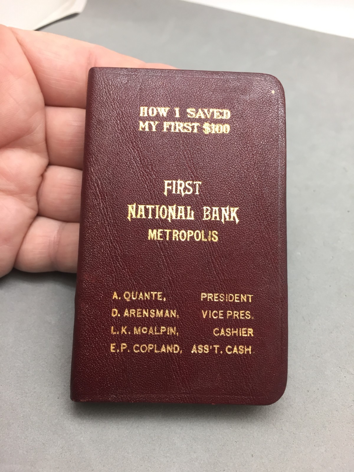 First National Bank Metropolis IL Book Savings Bank No Key Metal Leather 3.5\ First National Bank Metropolis IL Book Savings Bank No Key Metal Leather 3.5\