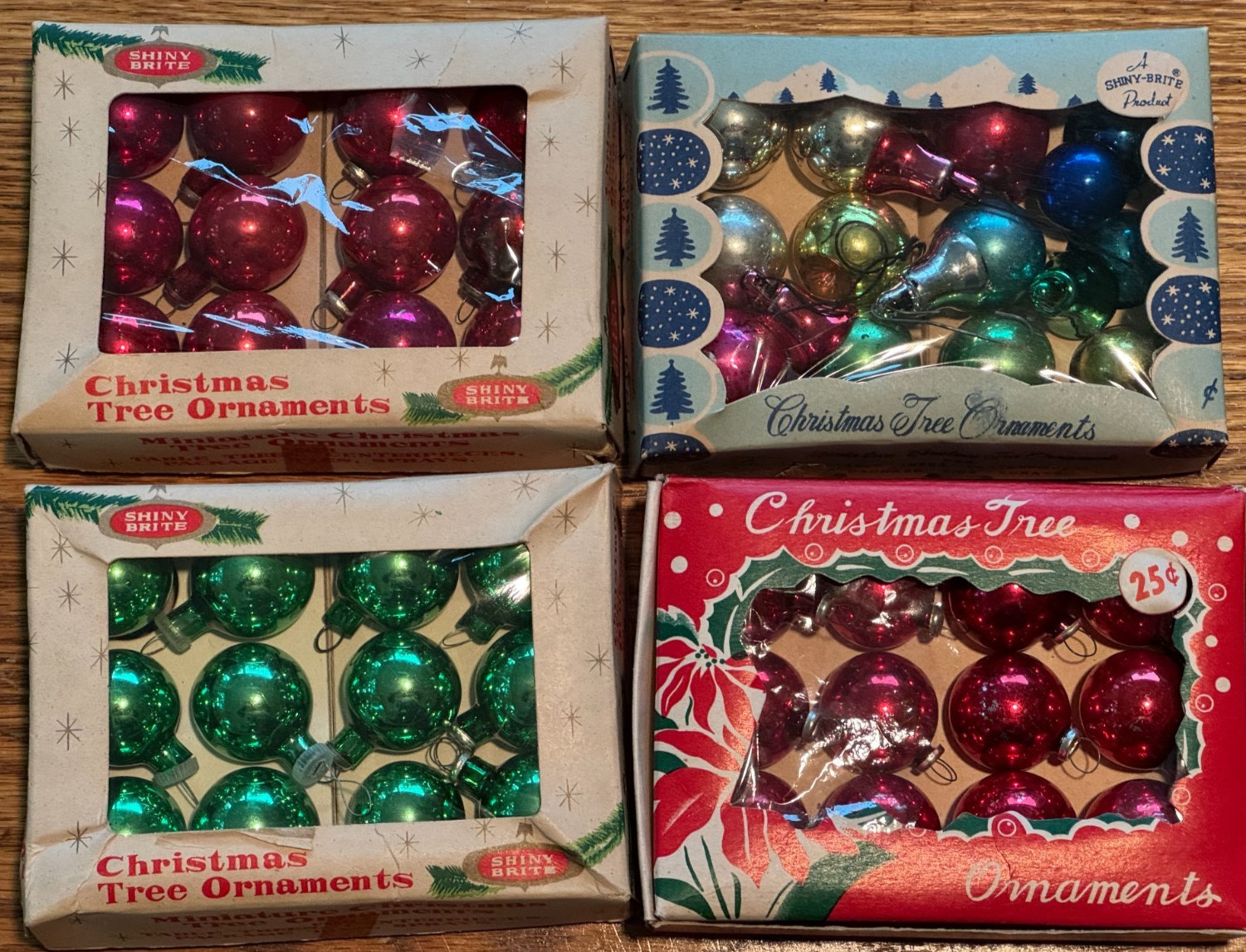 VINTAGE SHINY BRITE MINIATURE GLASS CHRISTMAS TREE ORNAMENTS JAPAN 4-BOXES VINTAGE SHINY BRITE MINIATURE GLASS CHRISTMAS TREE ORNAMENTS JAPAN 4-BOXES