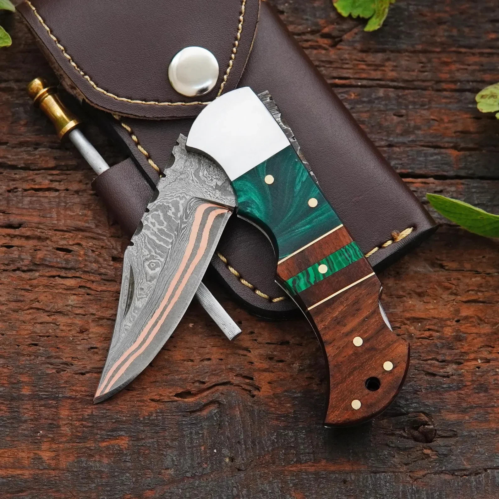 COPPER DAMASCUS Pocket Knife With Rosewood Handle Handmade Custom Folding Knife
