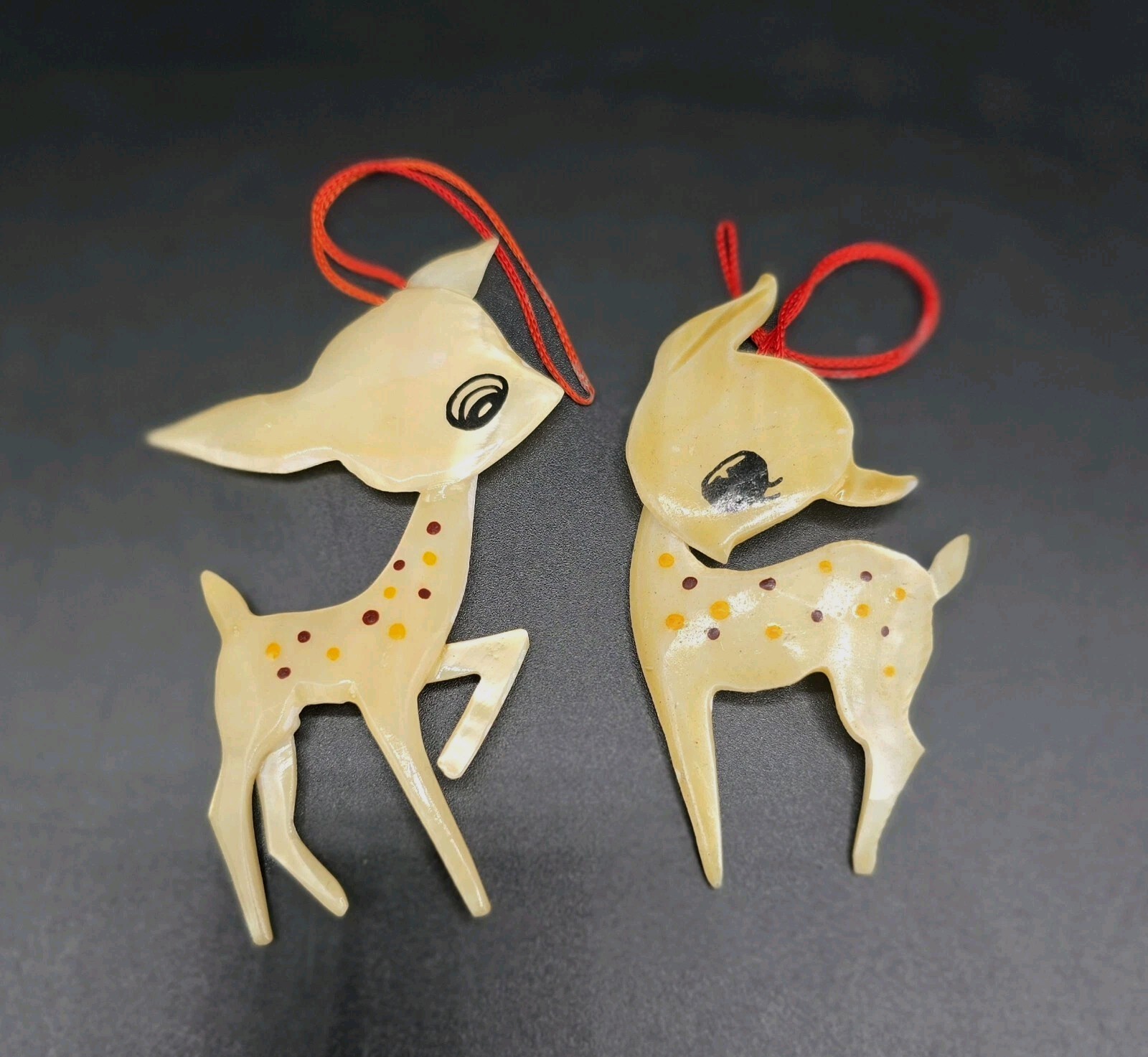 Set Of 2 Vtg Victorian Style Handpainted Deer Fawn Doe Capiz Shell Ornament OOAK