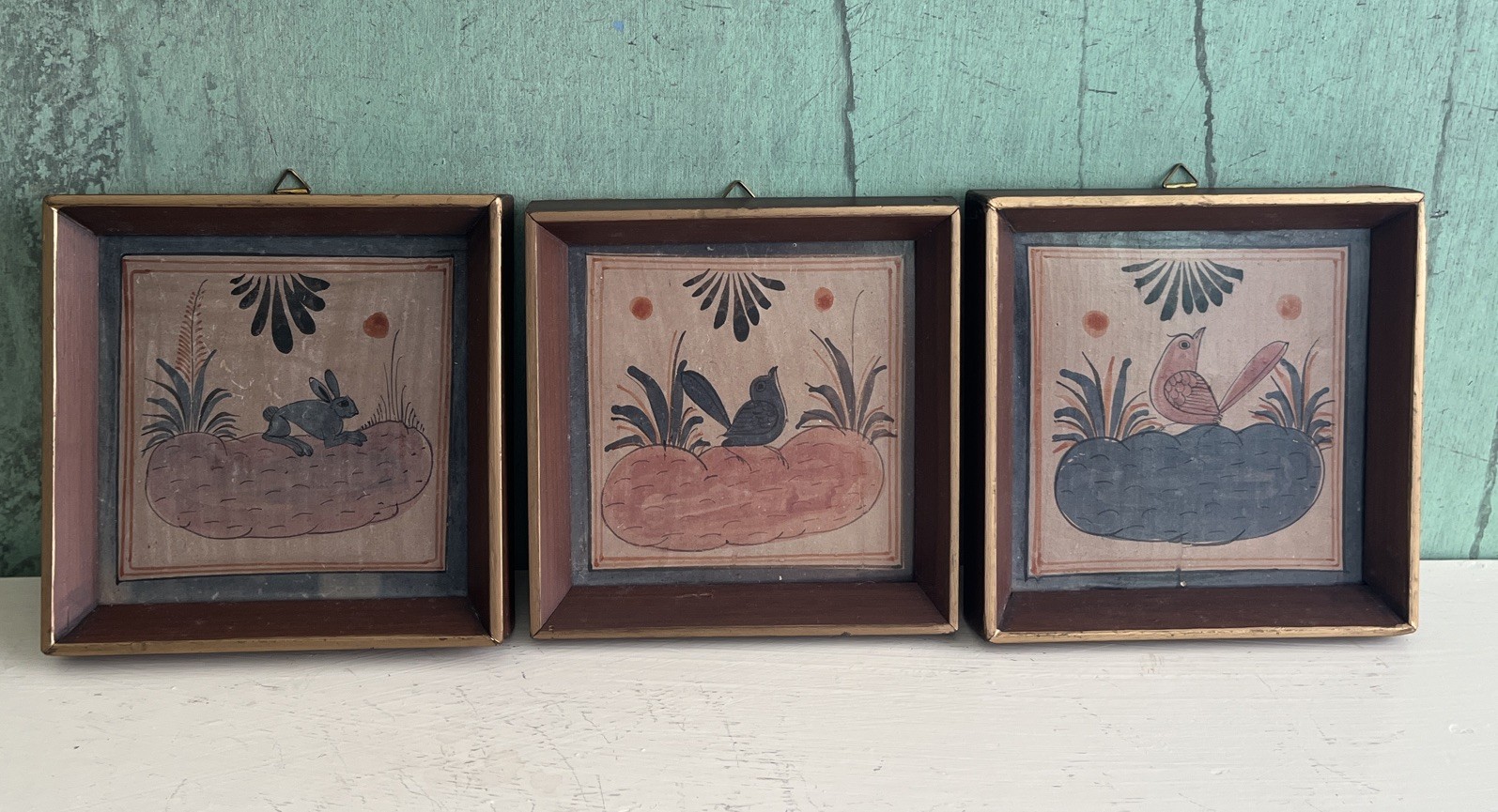 Vintage Barro Bruñido/Burnished Tonala Mexico Set of 3 Hand-Painted Bird Tiles