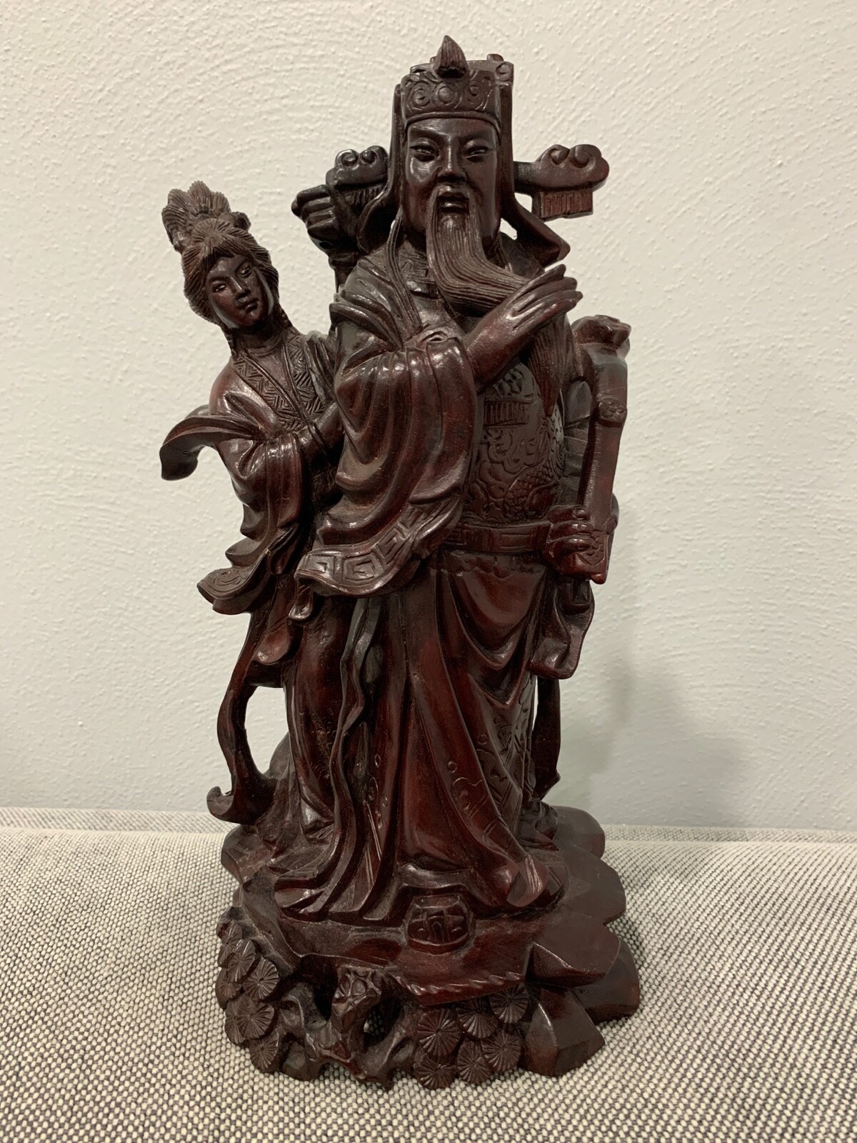Vtg Possibly Antique Chinese Wood Carving Statue Immortal Man w/ Ruyi & Woman Vtg Possibly Antique Chinese Wood Carving Statue Immortal Man w/ Ruyi & Woman