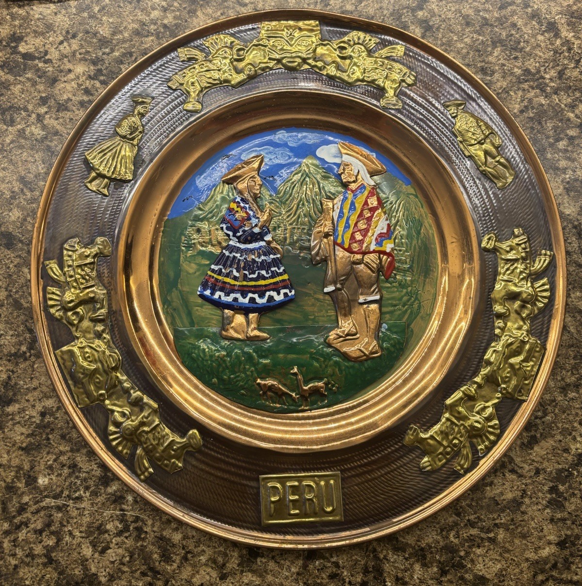 Vintage PERU Brass & Copper Wall Plate Souvenir Handmade & Painted 11.25” Vintage PERU Brass & Copper Wall Plate Souvenir Handmade & Painted 11.25”