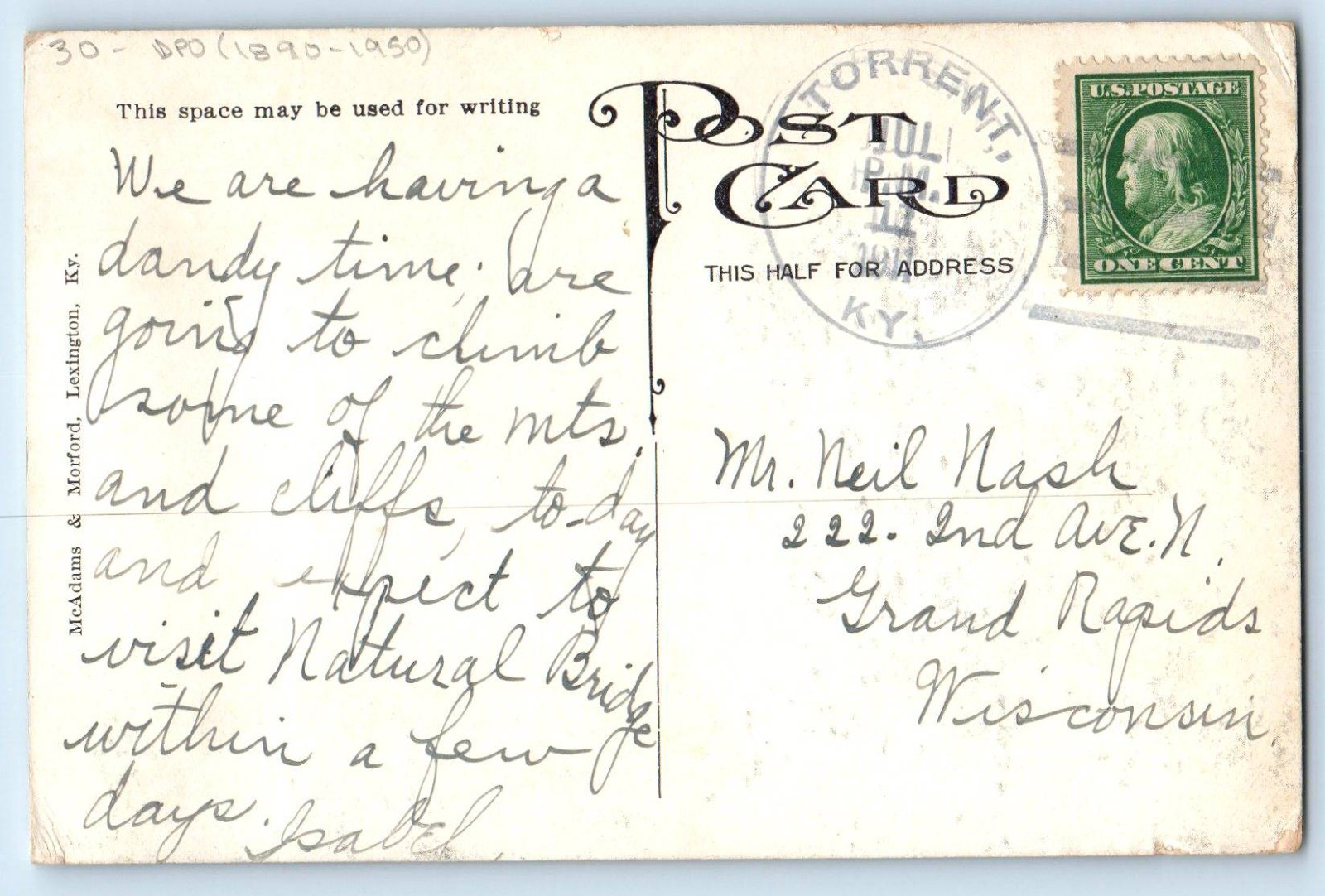 1911 Cliff On Kentucky River Railroad Scene Torrent KY DPO (1890-1950) Postcard 1911 Cliff On Kentucky River Railroad Scene Torrent KY DPO (1890-1950) Postcard