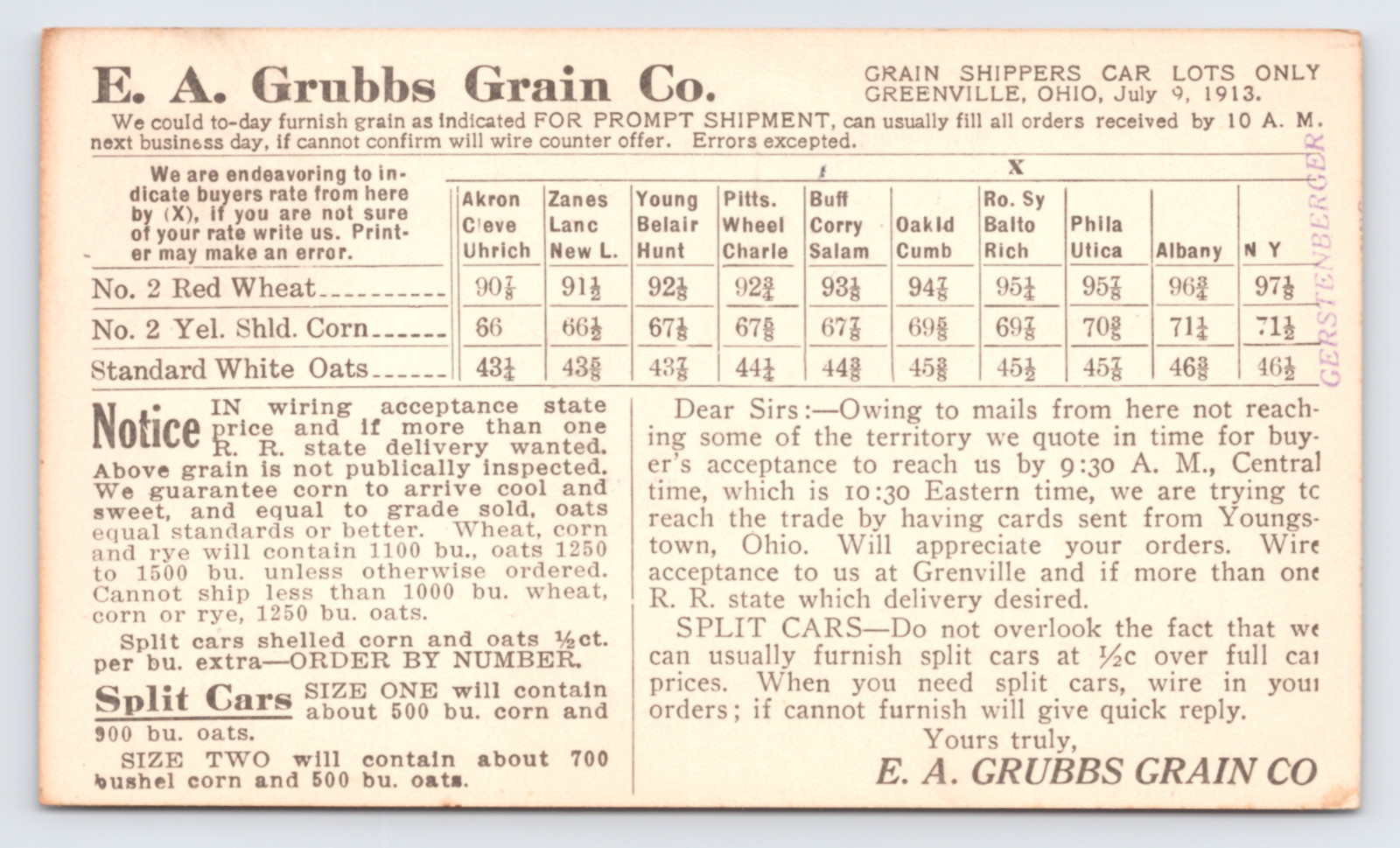 1913 EA Grubbs Grain Co Youngstown OH Postal Card Grain Prices Wheat Corn Oats