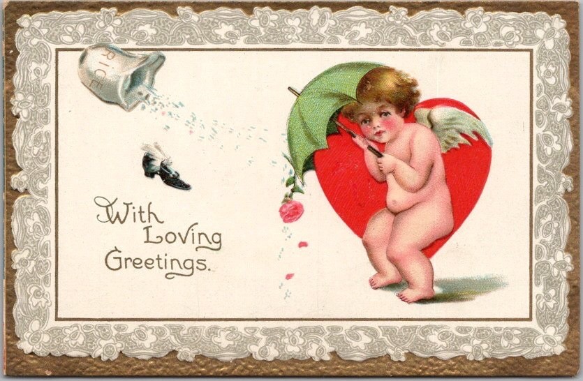c1910s Tuck\'s VALENTINE\'S DAY Postcard CUPID Angel with Umbrella / Wedding Rice