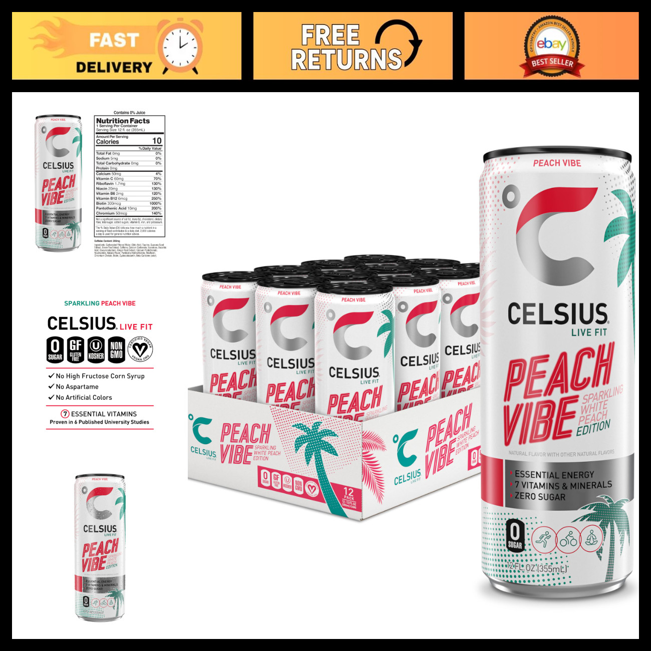 Sugar-Free Sparkling White Peach Energy Drink, 12 Fl Oz, Pack of 12 Cans