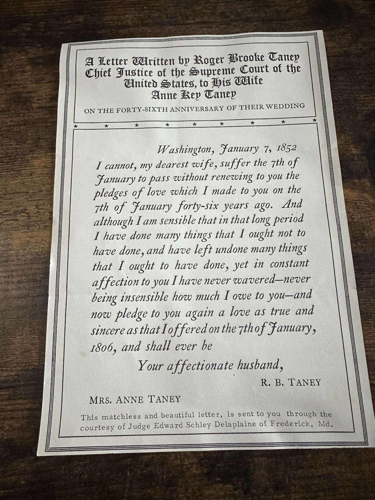 Roger Brooke Taney Letter Reprint Supreme Court Love Letter Ephemera