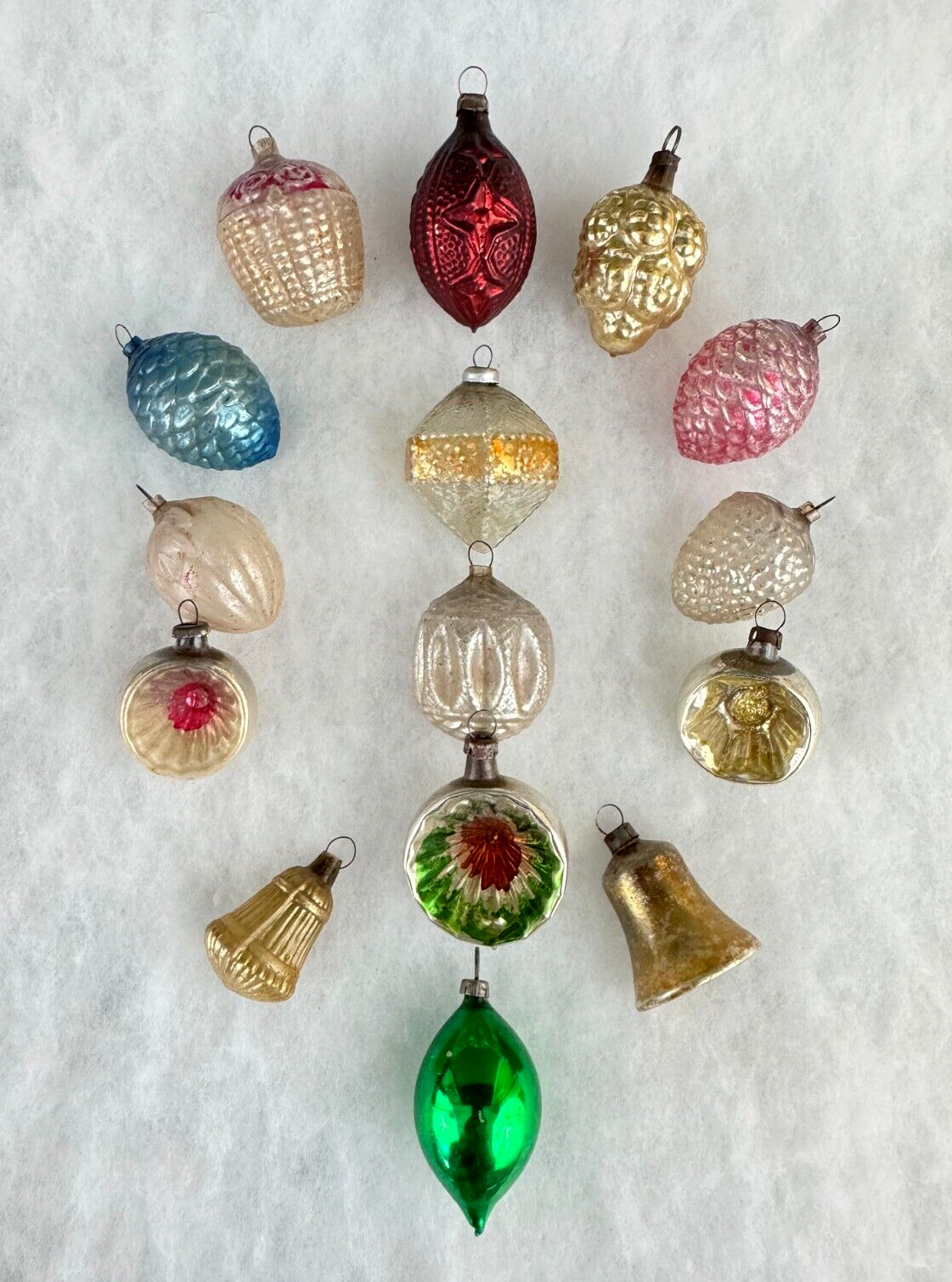 15 ATQ Tiny German Bumpy Diamond Grape Cone Bell Indent Feather Tree Ornaments