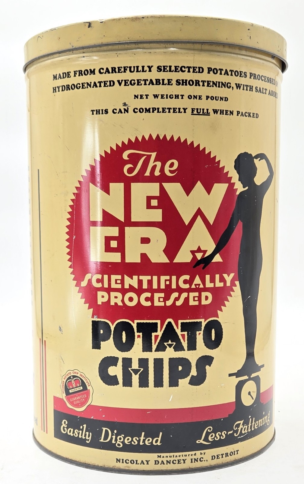 ​VTG 1940s New Era Potato Chip Tin Detroit Nicolay Dancey Advertising Can Nice