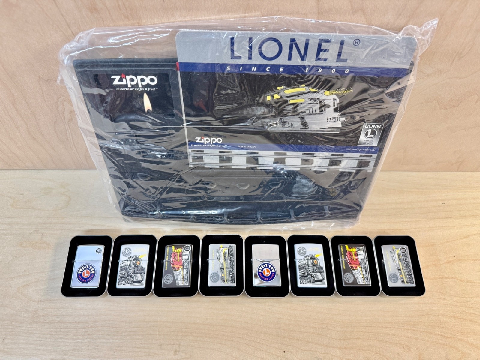 Vintage Zippo Lighter Lionel Trains Collection set of 8 with Display - NOS