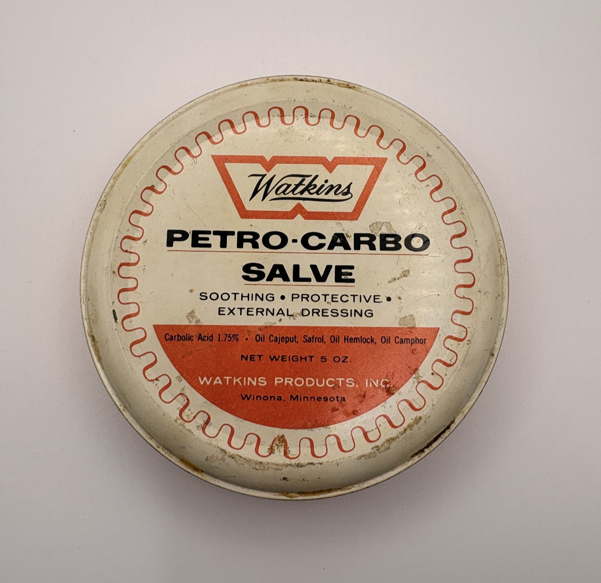 Vintage Watkins Petro-Carbo Salve Metal Tin 5 Oz Cut Burn Chaffing 95% Full Vintage Watkins Petro-Carbo Salve Metal Tin 5 Oz Cut Burn Chaffing 95% Full