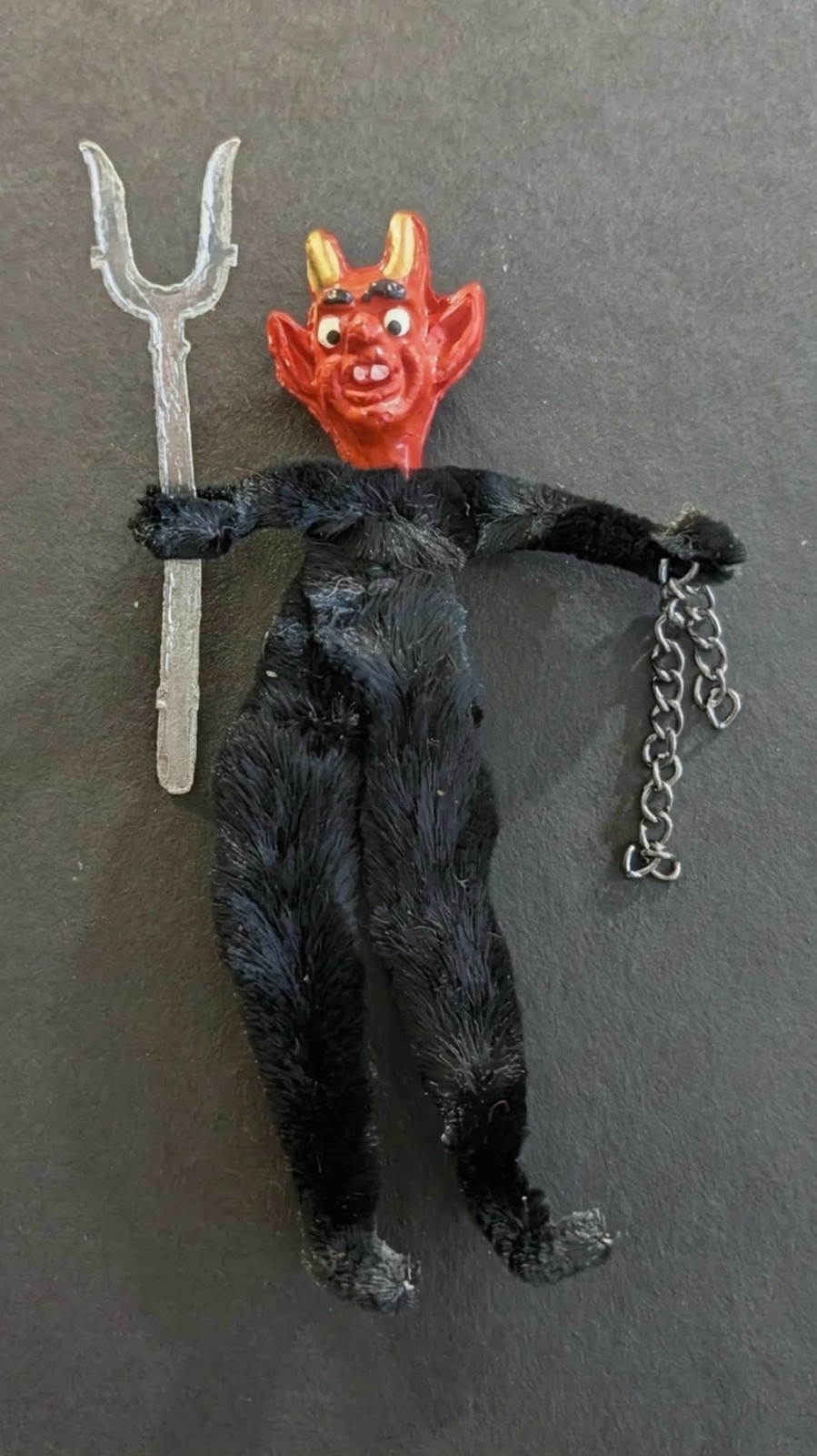 Vtg German Halloween Chenille Composition DEVIL Figure Pitchfork Chain 10\
