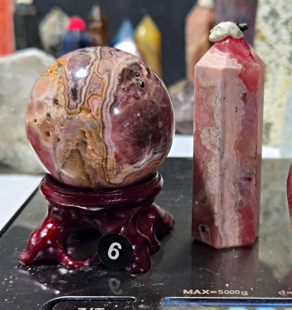 Set of (2) RARE beautiful Rhodochrosite Crystal Sphere 143g+ Tower 59g BL6