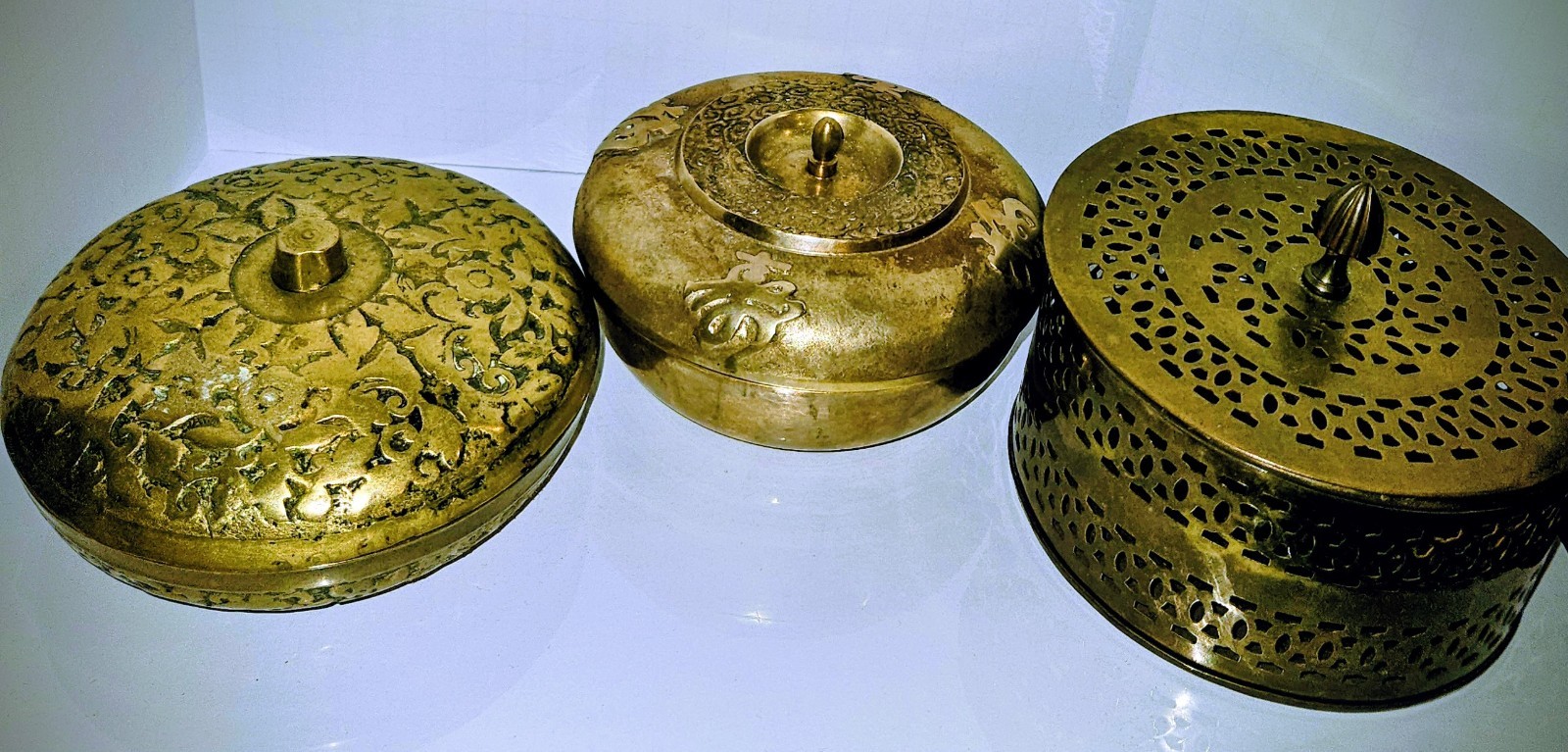 Vintage Trio Of Decorated Covered Brass Bowls
