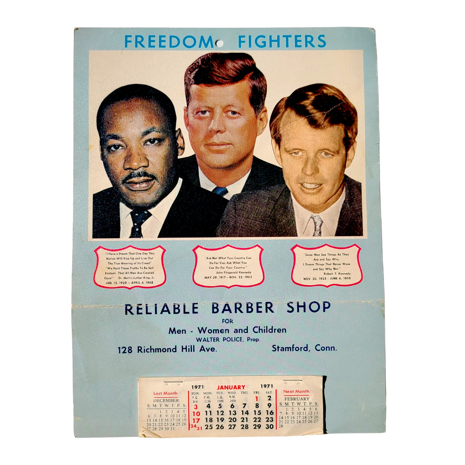 Vintage Martin Luther King JFK Freedom Fighters 1971 Calendar MLK Civil Rights