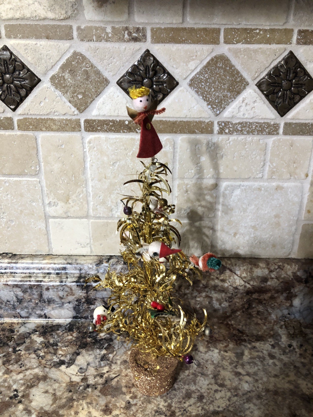 Vintage MCM gold tinsel Fairyland Christmas Tree Cotton-Spun Head Figurines•Box
