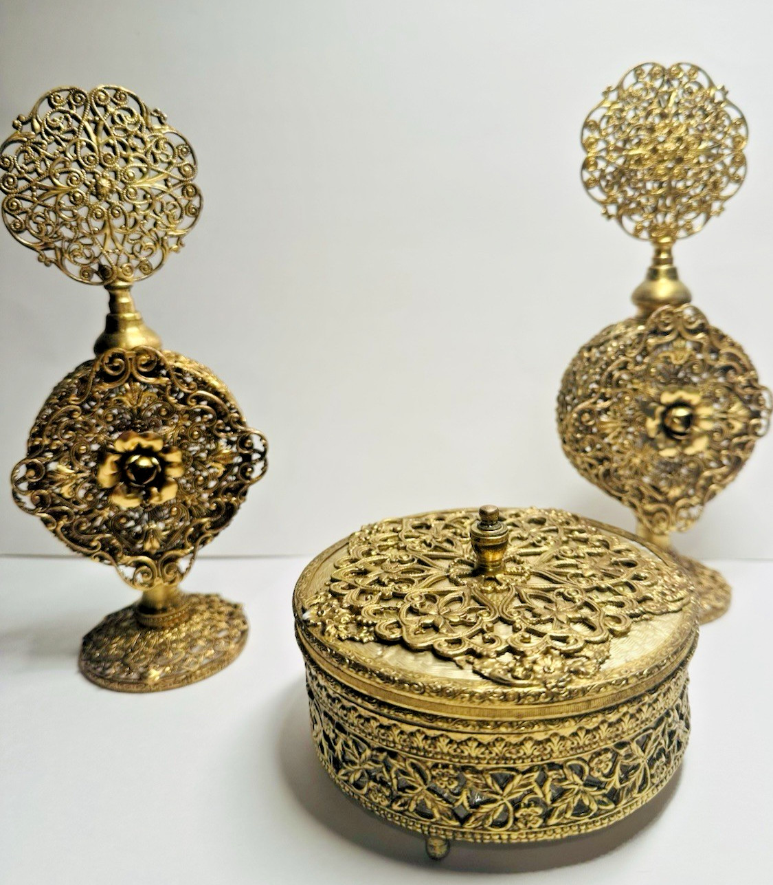 Brass Filigree Floral Ormolu Perfume Bottles Antique Victorian Ornate 3 Pieces