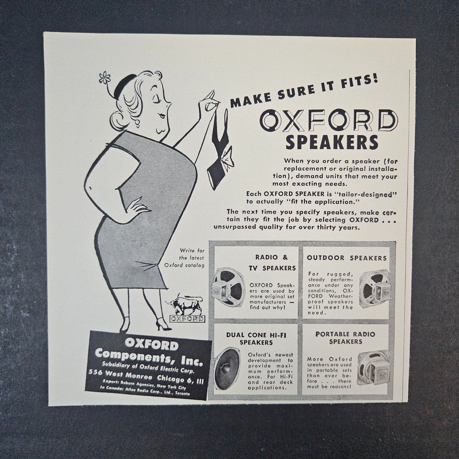 1958 Oxford Components Speakers Vintage Print Ad Radio TV Outdoor Portable Cone 1958 Oxford Components Speakers Vintage Print Ad Radio TV Outdoor Portable Cone