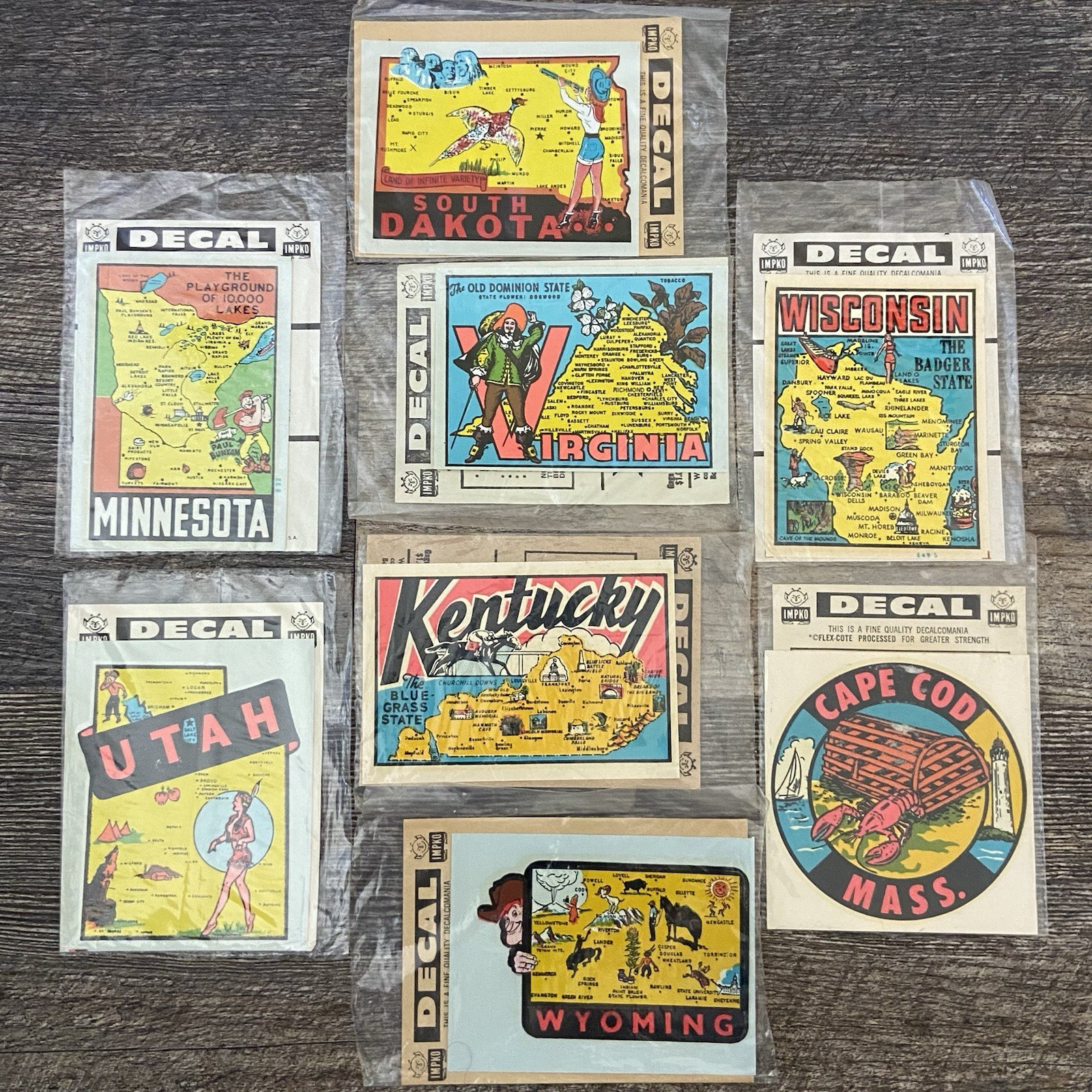 Lot of 8 Vintage IMPKO Water-Slide Window Decals Travel Road Trip Souvenir 1950s