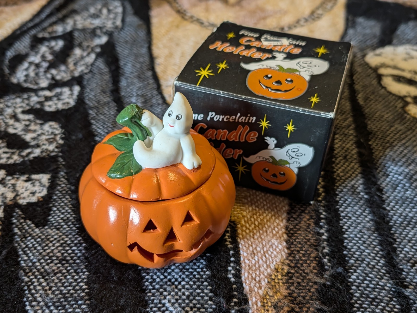 Vintage Small Jack O'Lantern Pumpkin Ceramic Candle Holder Halloween Decoration