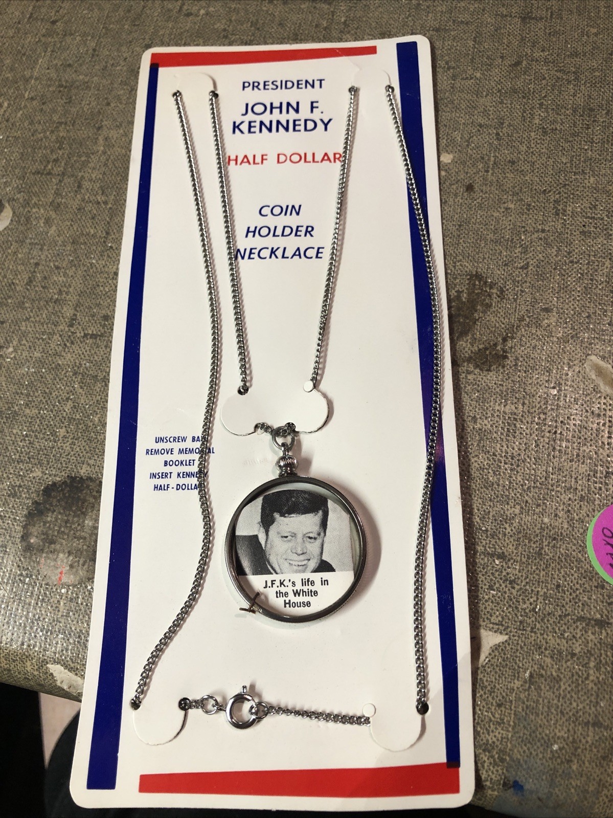 NOS John F Kennedy Half Dollar Coin Holder Necklace 
