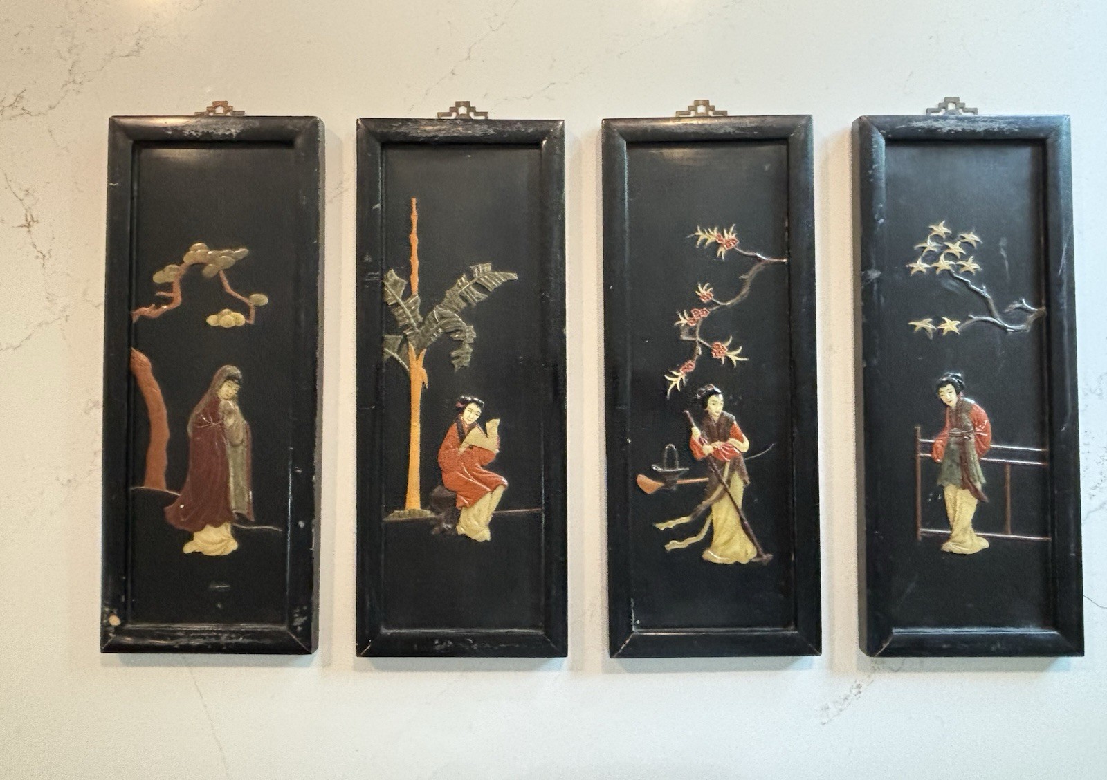 Set of 4 VTG Asian Black Lacquer Wall Panels Soapstone Geji Or Geisha Art Set of 4 VTG Asian Black Lacquer Wall Panels Soapstone Geji Or Geisha Art