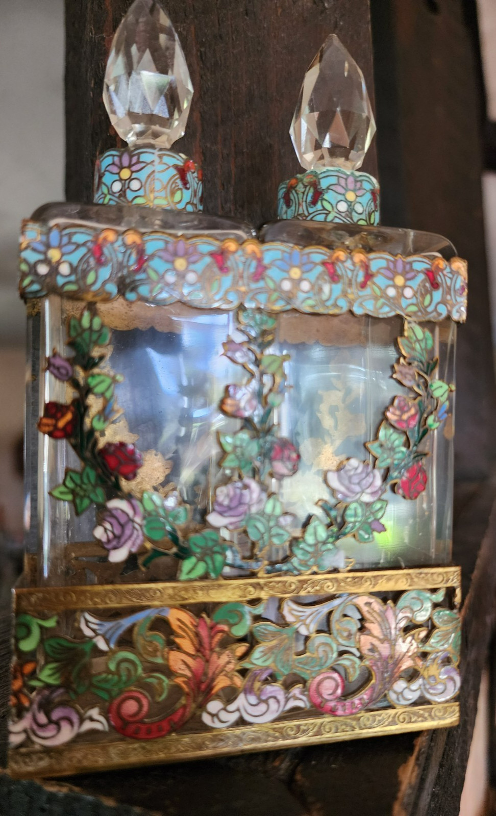 Stunning Antique French Cut Crystal and Champlevé Perfume Bottle Set Stunning Antique French Cut Crystal and Champlevé Perfume Bottle Set