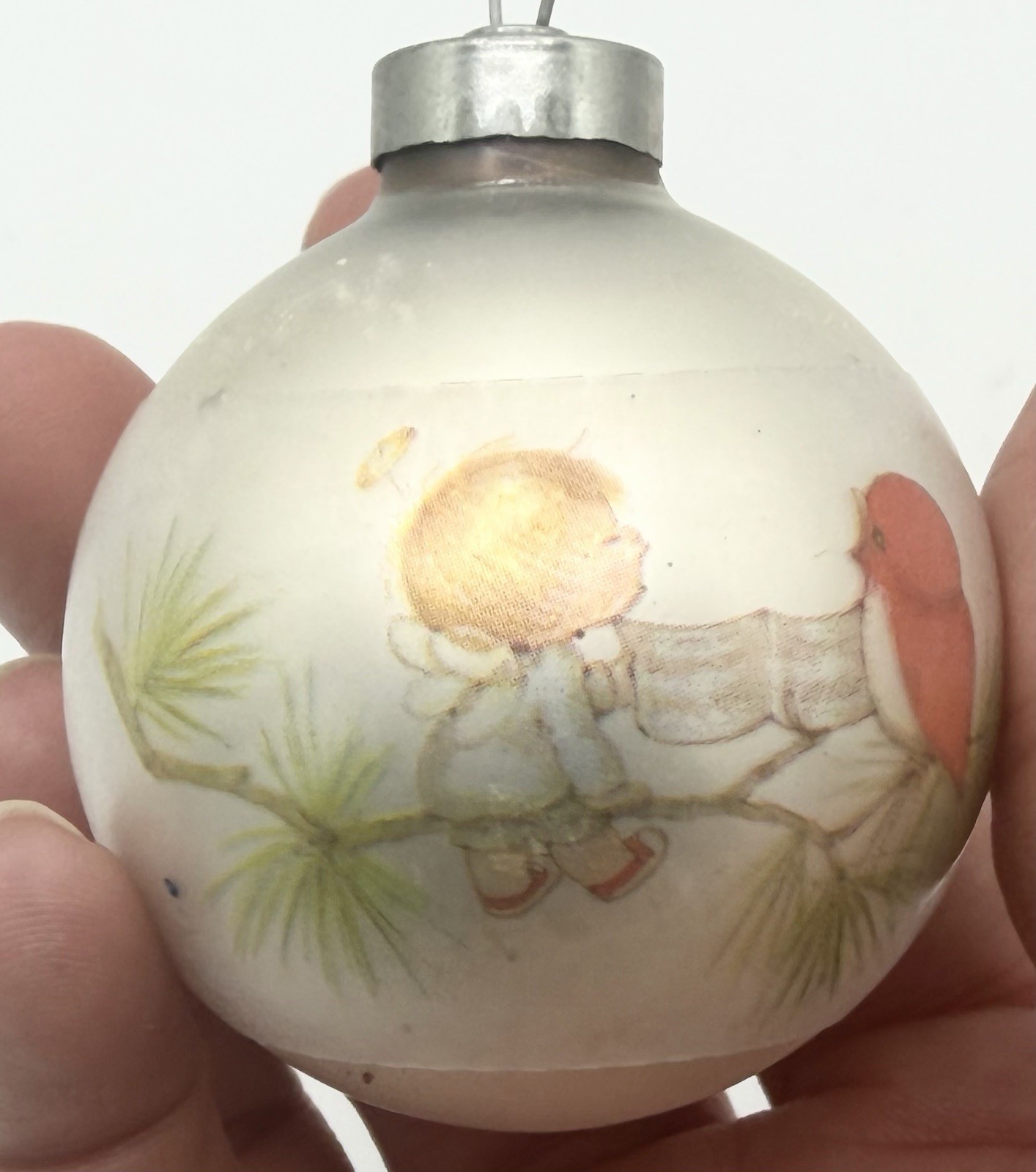 Vintage 1975 Hallmark Glass Christmas Ornament Robin Angel Satin Ball 2”
