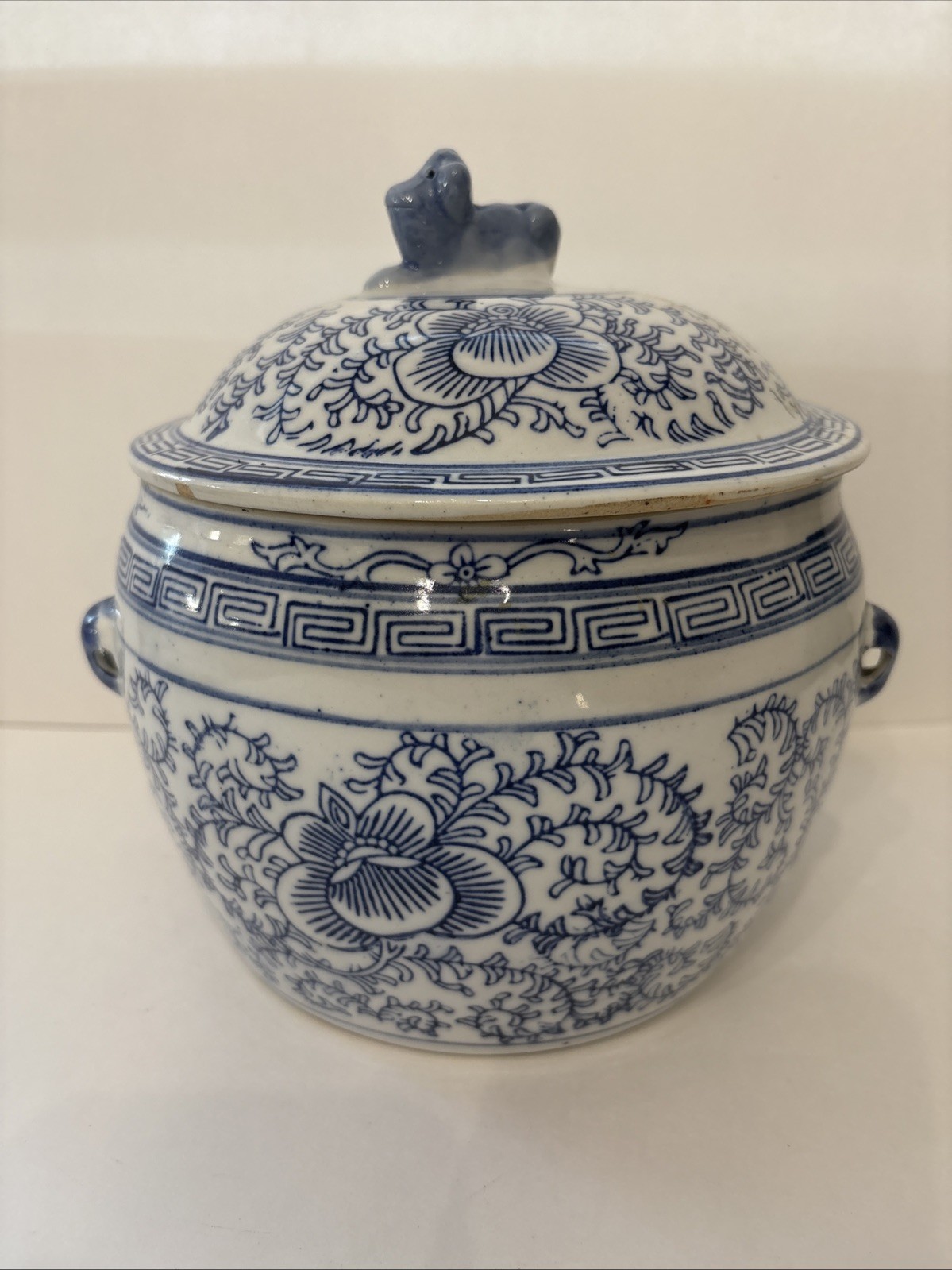 Chinese Blue and White Porcelain Jar w/ Lid, Foo dog Chinoiserie Rice Ginger Jar