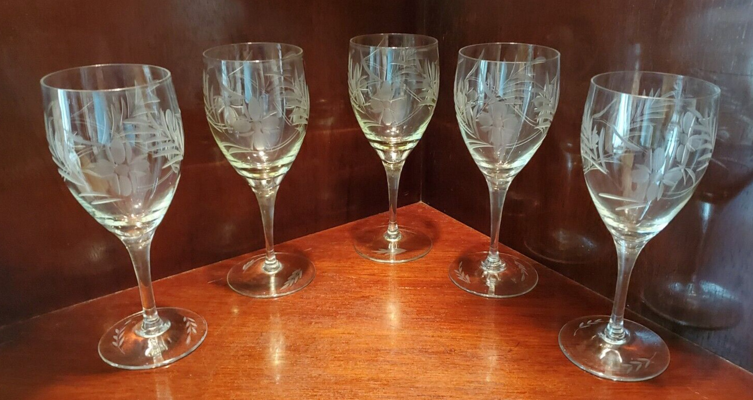 VINTAGE HANDBLOWN AND BEAUTIFULLY HANDCUT CLEAR WINE GLASSES - SET OF (5)