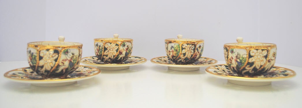 Vintage Italian Capodimonte Porcelain Relief Cherub Cups & Saucers Set of 4