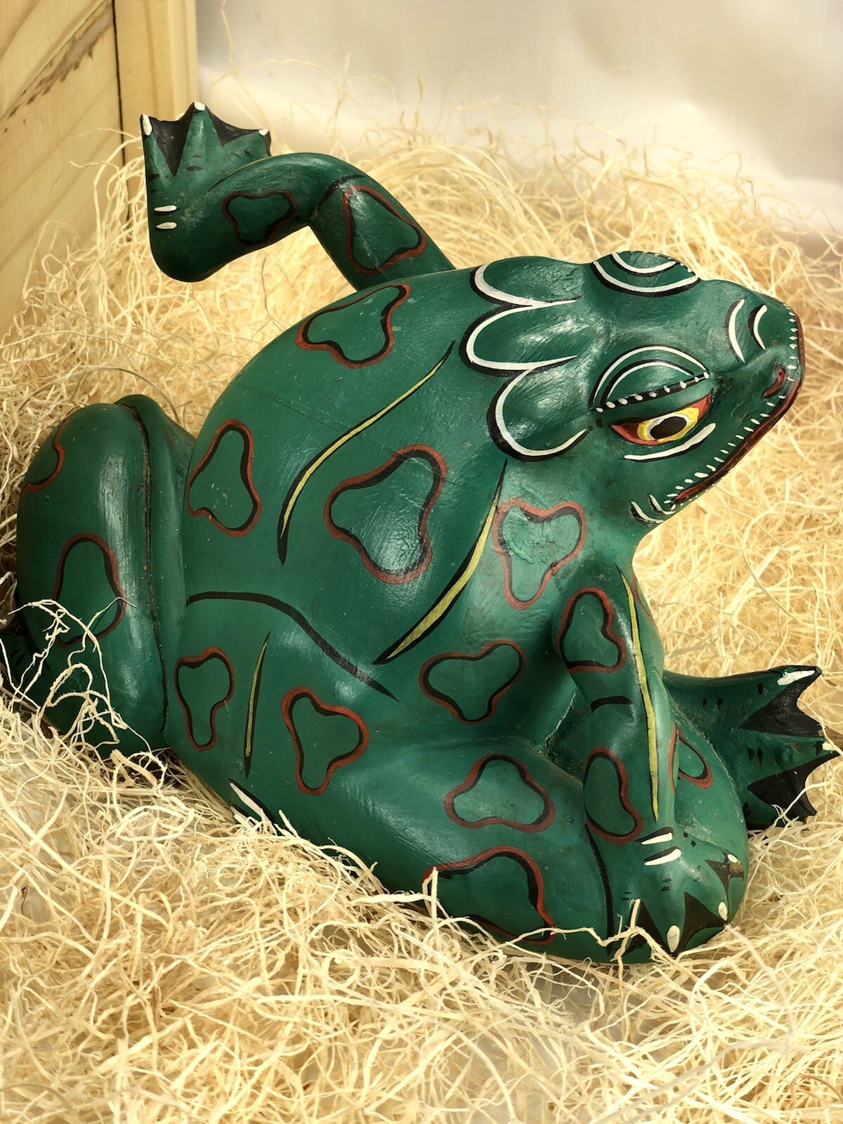 Antique Indonesian / Balinese Handcrafted Wooden Green Frog Toad Box 8” Tall