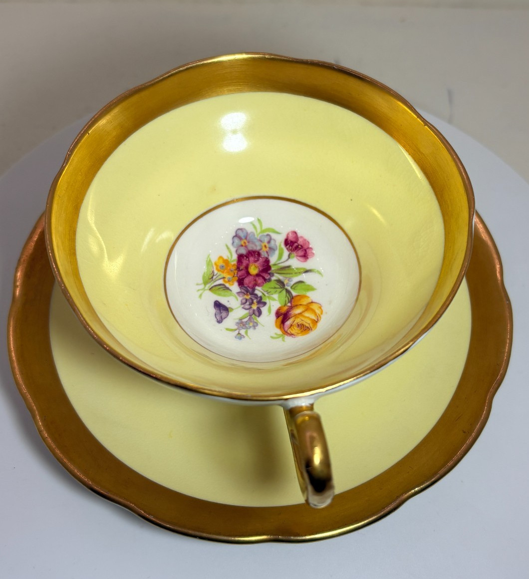 Vintage Taylor & Kent England Bone China Teacup Saucer Yellow Floral Gold Gilt