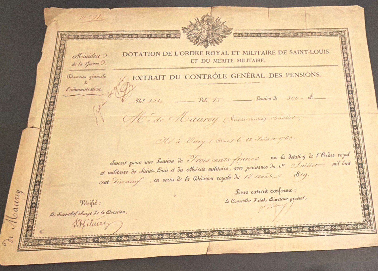 1819 French Military Document King Louis XVIII Pension Order Saint-Louis Orne
